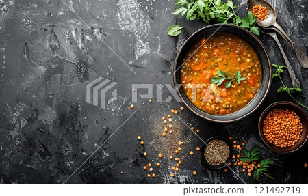 Lentil soup on rustic background, healthy traditional soup 121492719
