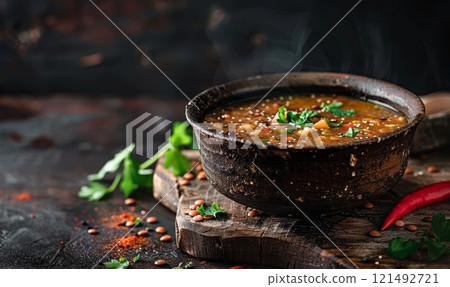 Lentil soup on rustic background, healthy traditional soup 121492721