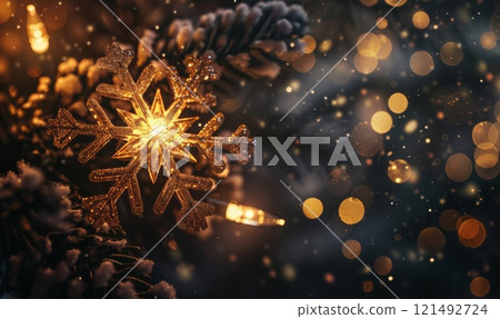Beautiful snowflake on glowing bokeh background, holiday festive concept with copyspace for your text 121492724