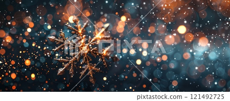 Beautiful snowflake on glowing bokeh background, holiday festive concept with copyspace for your text 121492725