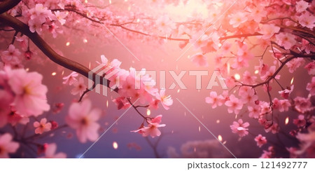background with whimsical cherry blossoms falling gently, creating a serene and magical setting. 121492777
