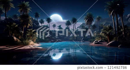 tranquility of a mystical oasis in the desert bathed in moonlight, with palm trees and reflective pools creating an oasis of calm. 121492786