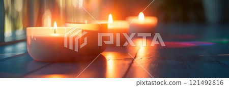 scented candles in calming white fragrances to create a soothing atmosphere at home. 121492816