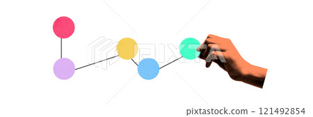 Conceptual image of hand connecting colorful nodes in network diagram, representing teamwork, collaboration, and strategic connections Conceptual image of hand connecting colorful nodes in network diagram, representing teamwork, collaboration, and strategic connections 121492854