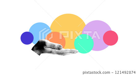 conceptual illustration of open hand holding multiple colorful circles, symbolizing creativity, innovation, and collaboration conceptual illustration of open hand holding multiple colorful circles, symbolizing creativity, innovation, and collaboration 121492874