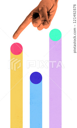 Minimalistic design with hand pointing at colorful column chart, representing data analysis, performance tracking, and business decision-making. Minimalistic design with hand pointing at colorful column chart, representing data analysis, performance tracking, and business decision-making. 121492876