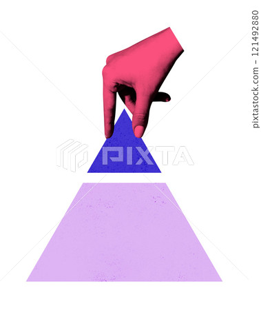 Abstract image of hand stacking pyramid layers, representing hierarchy, strategy, and organization in management and analytics. Abstract image of hand stacking pyramid layers, representing hierarchy, strategy, and organization in management and analytics. 121492880