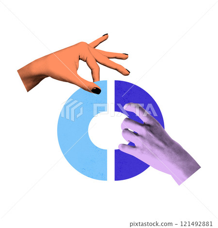 Creative abstract image showing two hands adjusting segments of pie chart, symbolizing teamwork, data management, and decision-making 121492881