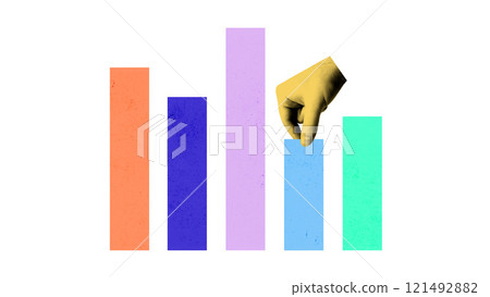 Conceptual illustration of bar graph in vibrant colors, with hand adjusting one of the bars 121492882