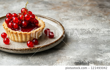 Redcurrant tartlets on a plate on light rustic background 121493042