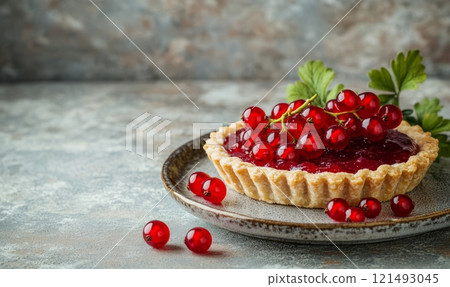 Redcurrant tartlets on a plate on light rustic background 121493045