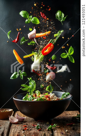Pho bo soup with flying ingredients on rustic background Pho bo soup with flying ingredients on rustic background 121493051