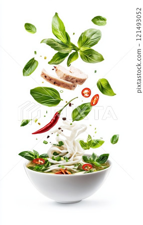 Pho bo soup with flying ingredients on white background Pho bo soup with flying ingredients on white background 121493052
