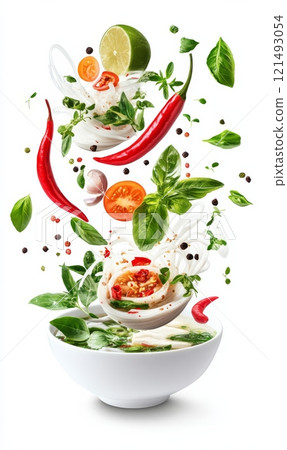 Pho bo soup with flying ingredients on white background 121493054