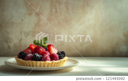 Lemon tartlets on a plate on light rustic background 121493092