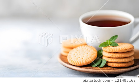 Warm tea served in a classic teacup, paired with fresh herbs and a small plate of biscuits Warm tea served in a classic teacup, paired with fresh herbs and a small plate of biscuits 121493162