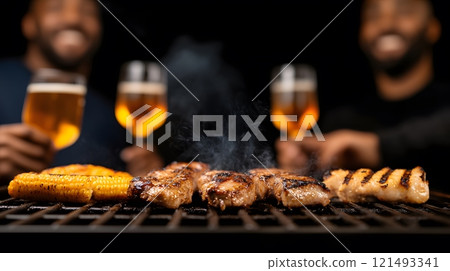 People enjoying a BBQ in a backyard, with Australian flags and food on the grill People enjoying a BBQ in a backyard, with Australian flags and food on the grill 121493341