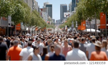 A vibrant street party on Australia Day, with music, dancing, and festive decorations 121493359