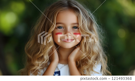 A child painting an Australian flag on their face, celebrating Australia Day 121493368