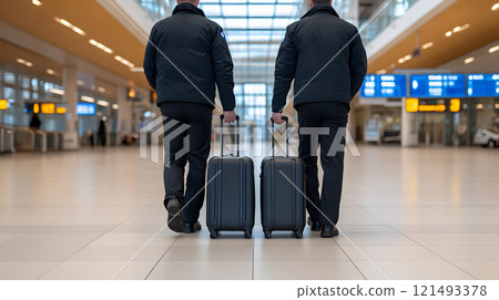 A customs officer in uniform checking bags and luggage at an airport 121493378