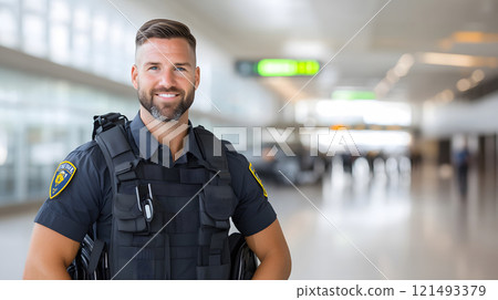 A customs officer in uniform checking bags and luggage at an airport A customs officer in uniform checking bags and luggage at an airport 121493379