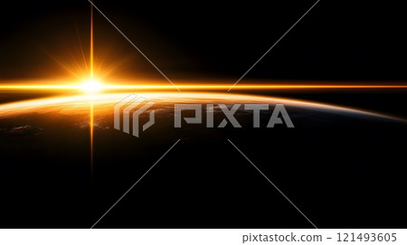 Rotating Earth with sunrise casting light on continents, clouds visible 121493605