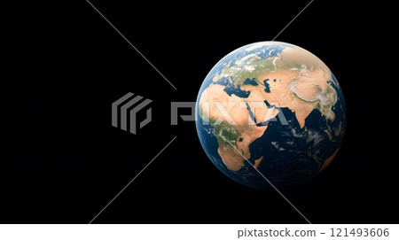Rotating Earth with sunrise casting light on continents, clouds visible 121493606