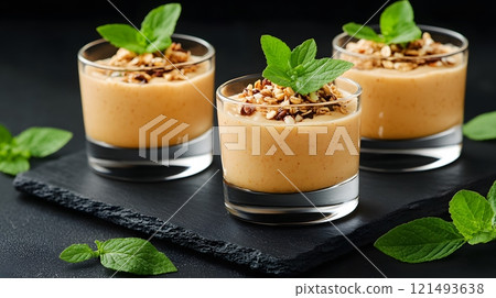 Quark served with granola, nuts, and seeds in a glass bowl, styled for breakfast Quark served with granola, nuts, and seeds in a glass bowl, styled for breakfast 121493638