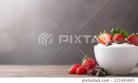 A creative food styling of quark mousse with chocolate shavings and strawberries 121493665