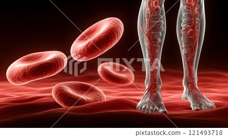 Medical animation style image showing the gradual formation of a blood clot in the leg, with emphasis on blood flow interruption and swelling 121493718