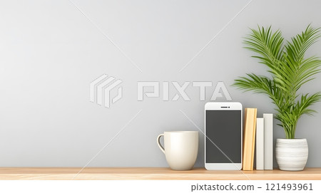 Blank smartphone screen mockup on a futuristic desk with glowing LED lights, ready for a tech-themed design 121493961