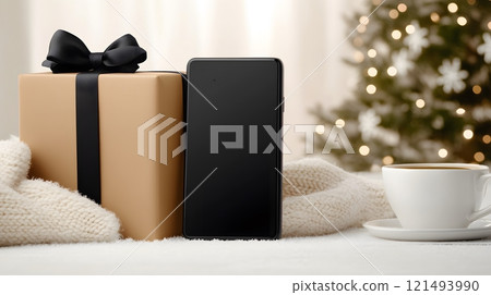 Blank smartphone mockup on a cozy blanket with a cup of cocoa, ideal for winter-themed designs Blank smartphone mockup on a cozy blanket with a cup of cocoa, ideal for winter-themed designs 121493990