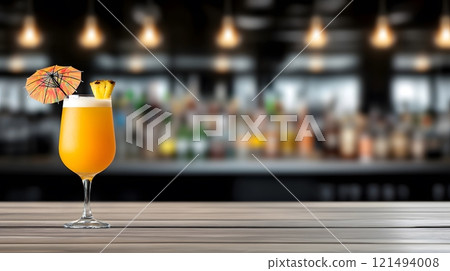 A tropical cocktail served in a tall glass with a slice of pineapple, cherry, and umbrella garnish on a bar, vibrant summer atmosphere 121494008