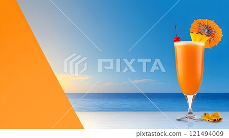 A tropical cocktail served in a tall glass with a slice of pineapple, cherry, and umbrella garnish on a bar, vibrant summer atmosphere A tropical cocktail served in a tall glass with a slice of pineapple, cherry, and umbrella garnish on a bar, vibrant summer atmosphere 121494009