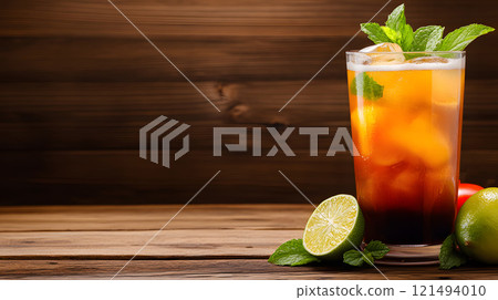 Colorful mojito-style cocktail with mint leaves, lime slices, and crushed ice in a glass, surrounded by fresh ingredients on a wooden bar counter 121494010