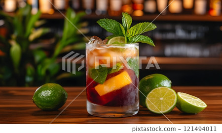 Colorful mojito-style cocktail with mint leaves, lime slices, and crushed ice in a glass, surrounded by fresh ingredients on a wooden bar counter 121494011