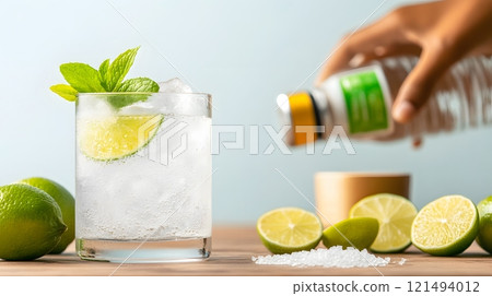 Colorful mojito-style cocktail with mint leaves, lime slices, and crushed ice in a glass, surrounded by fresh ingredients on a wooden bar counter 121494012