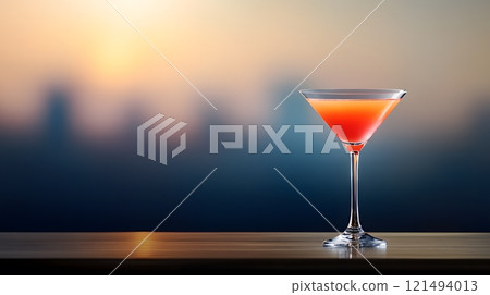 Exotic cocktail with layers of vivid colors in a martini glass on a polished bar, perfect for summer evenings Exotic cocktail with layers of vivid colors in a martini glass on a polished bar, perfect for summer evenings 121494013