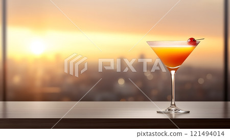 Exotic cocktail with layers of vivid colors in a martini glass on a polished bar, perfect for summer evenings 121494014