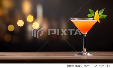 Exotic cocktail with layers of vivid colors in a martini glass on a polished bar, perfect for summer evenings Exotic cocktail with layers of vivid colors in a martini glass on a polished bar, perfect for summer evenings 121494015