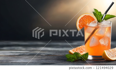 Bright fruit cocktail with a straw and colorful garnish on a rustic wooden bar, with sunlight streaming in 121494029