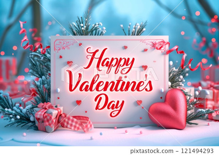 Romantic background with a card for St. Valentine's Day sign with the inscription Happy valentine's day.Generative AI 121494293