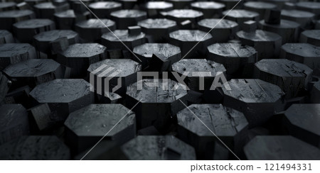 Matte black geometric forms with subtle texture, arranged in an impossible pattern, 3D 121494331