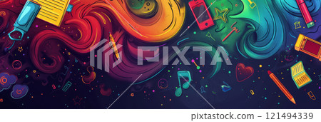 Dynamic abstract background with a gradient of shiny school colors and flowing energetic patterns, school items, themed back to school. Dynamic abstract background with a gradient of shiny school colors and flowing energetic patterns, school items, themed back to school. 121494339