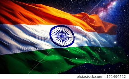 Close-up of the Indian flag waving with space as a backdrop 121494512