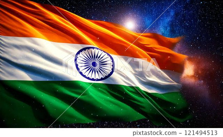Close-up of the Indian flag waving with space as a backdrop 121494513
