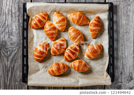 freshly baked in oven croissants on a sheet pan freshly baked in oven croissants on a sheet pan 121494642