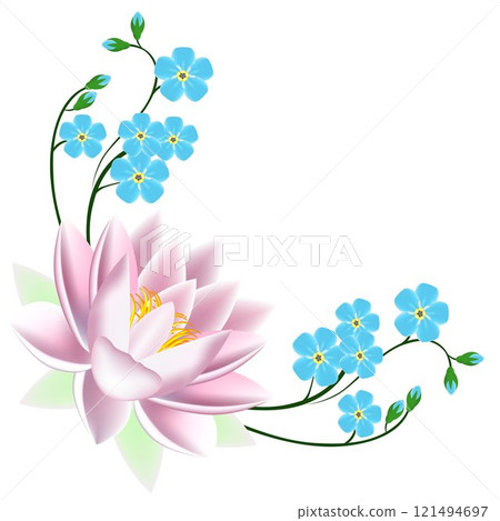Corner with blue forget me not flowers and lotus. Corner with blue forget me not flowers and lotus. 121494697