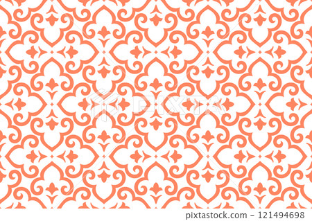 Flower geometric pattern. Seamless vector background. White and pink ornament Flower geometric pattern. Seamless vector background. White and pink ornament 121494698