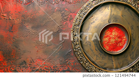 A weathered, textured red surface, adorned with faint floral patterns, showcases an ornate brass thali containing vibrant red kumkum powder, evoking a sense of tradition and spirituality. 121494744